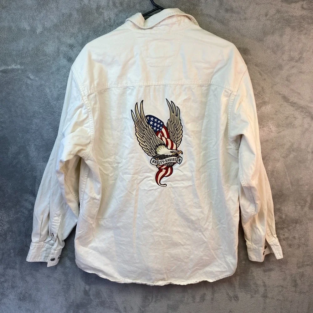 Harley-Davidson Button Front Shirt L White Eagle Back Embroidered